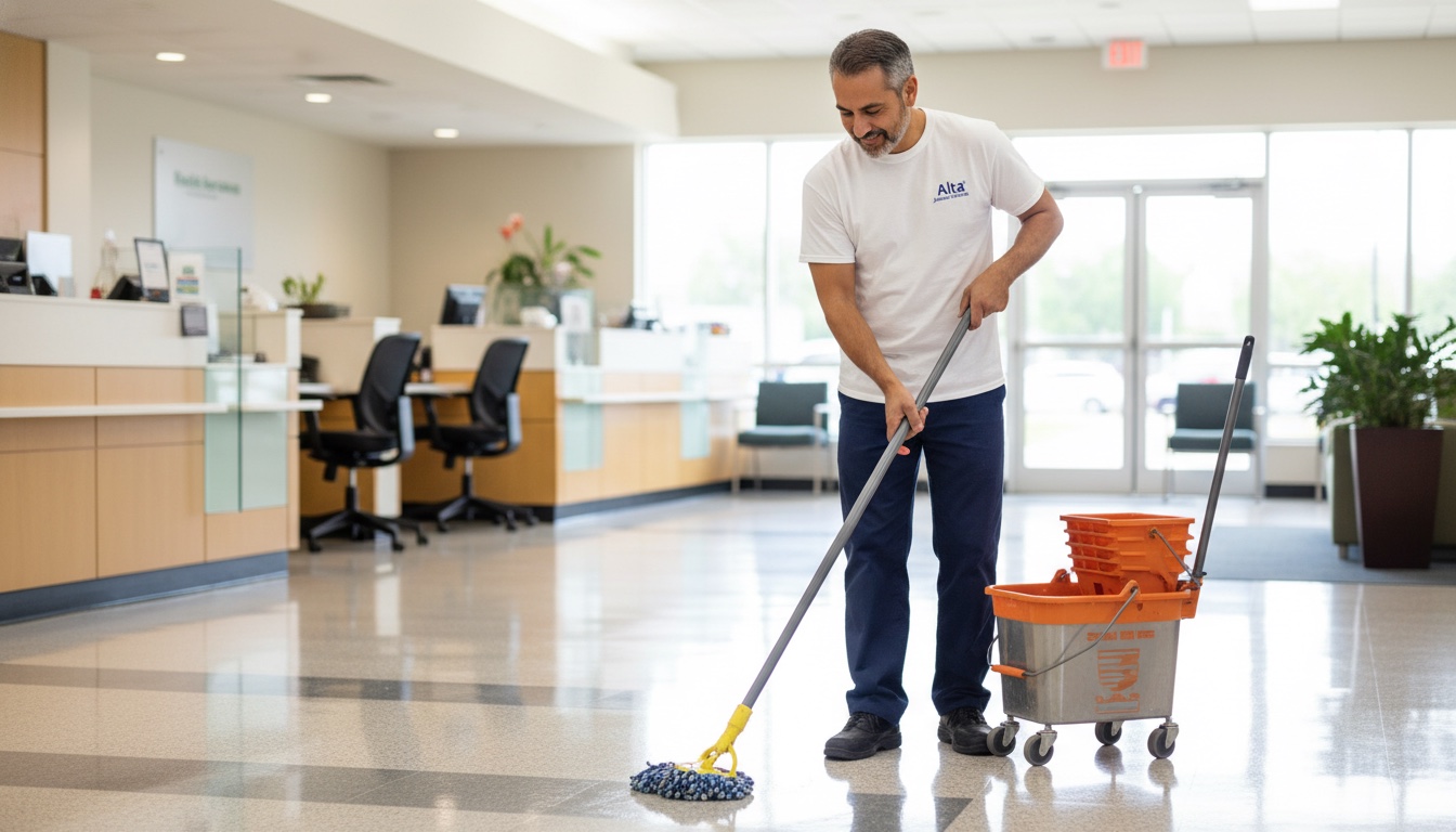 Professional team sanitizing office with disinfectant - Hospital Cleaning Services