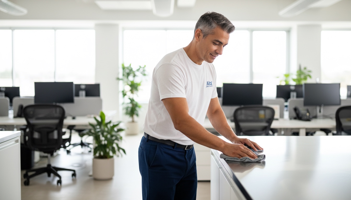 Cleaning staff maintaining workspace cleanliness