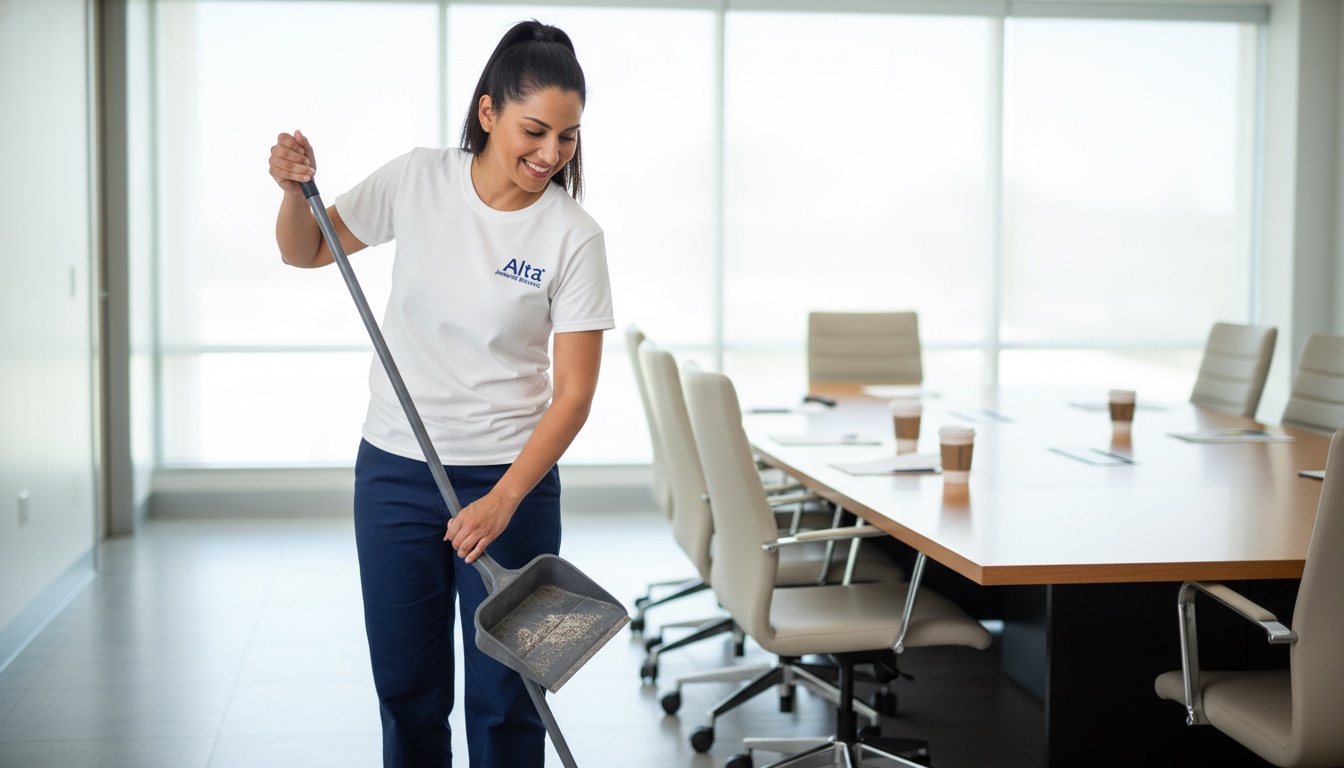 Professional cleaning service maintaining office floors and surfaces